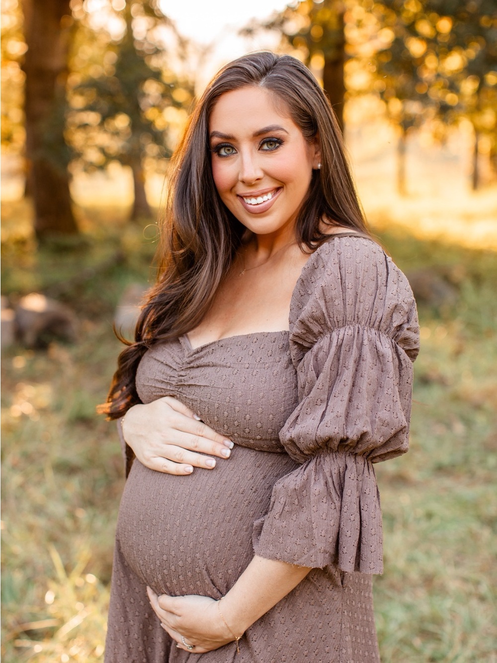 Worth Collective Smocked Midi Maternity Dress with Puff Sleeves - Taupe